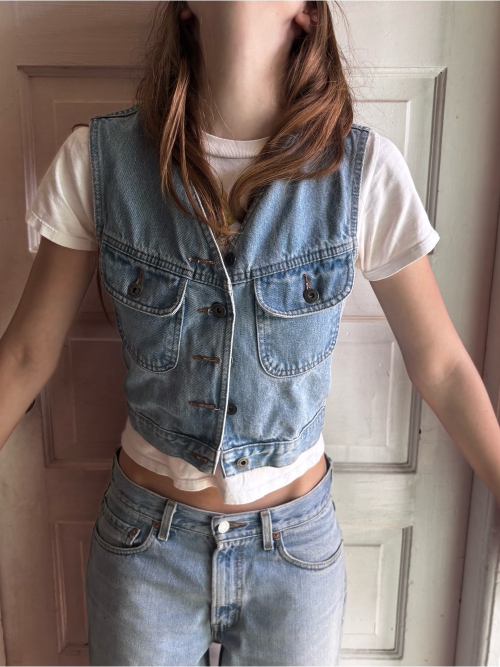 Vintage Taylor light wash Denim vest 
button up with Front Pockets
P
